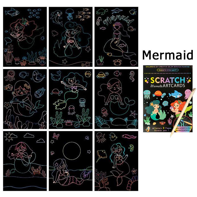 1Book Magic Rainbow Color Cartoon Scratching Paper 9PCS/Set DIY Scratch Graffiti Card Kit School Rewards Gift Party Souvenir ZYF
