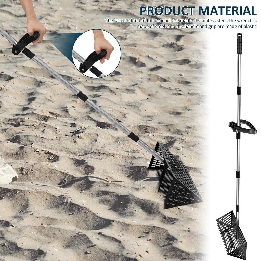 Песчаные блохи Грабли Нержавеющая сталь Песочный просеиватель Съемная длинная ручка 52/68 дюймов Складной просеиватель с зубами акулы для пляжного песка Краб