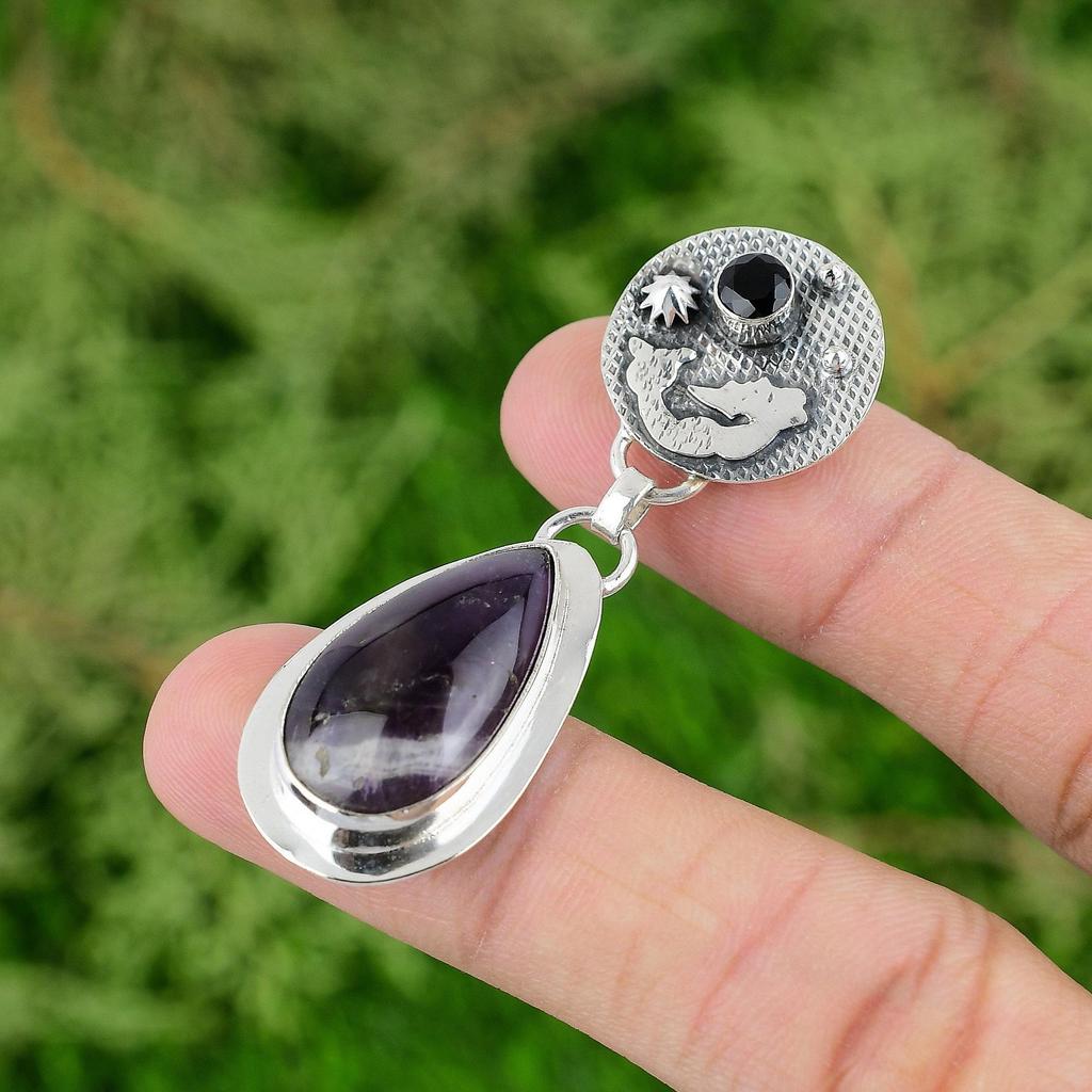 Pear Natural Chevron Amethyst Black Onyx 925 Sterling Silver Mermaid New Pendant
