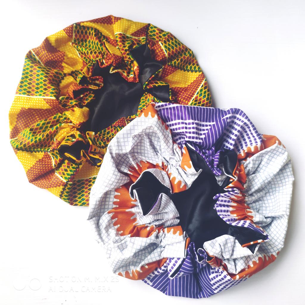 African Print Designer Bonnets and Satin Hair Wraps and Pillow Cover Colourful
