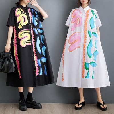 2025 Плюс Размер Женское Летнее Платье Женское Длинное Платье С Принтом Свободное Винтажное Макси Хлопковое Базовое Платье На Пуговицах