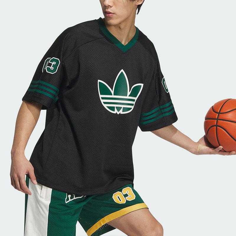 Adidas Originals Retro Street Basketball V-Neck T-Shirt With Striped Logo Print Unisex Tops Black JC6803