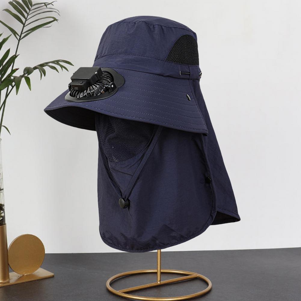 Men Solar Fan Hat with Face And Neck Cover USB Rechargeable Fan Large Brim Hollow Mesh Windproof Strap Anti-UV Sunlight Protecti