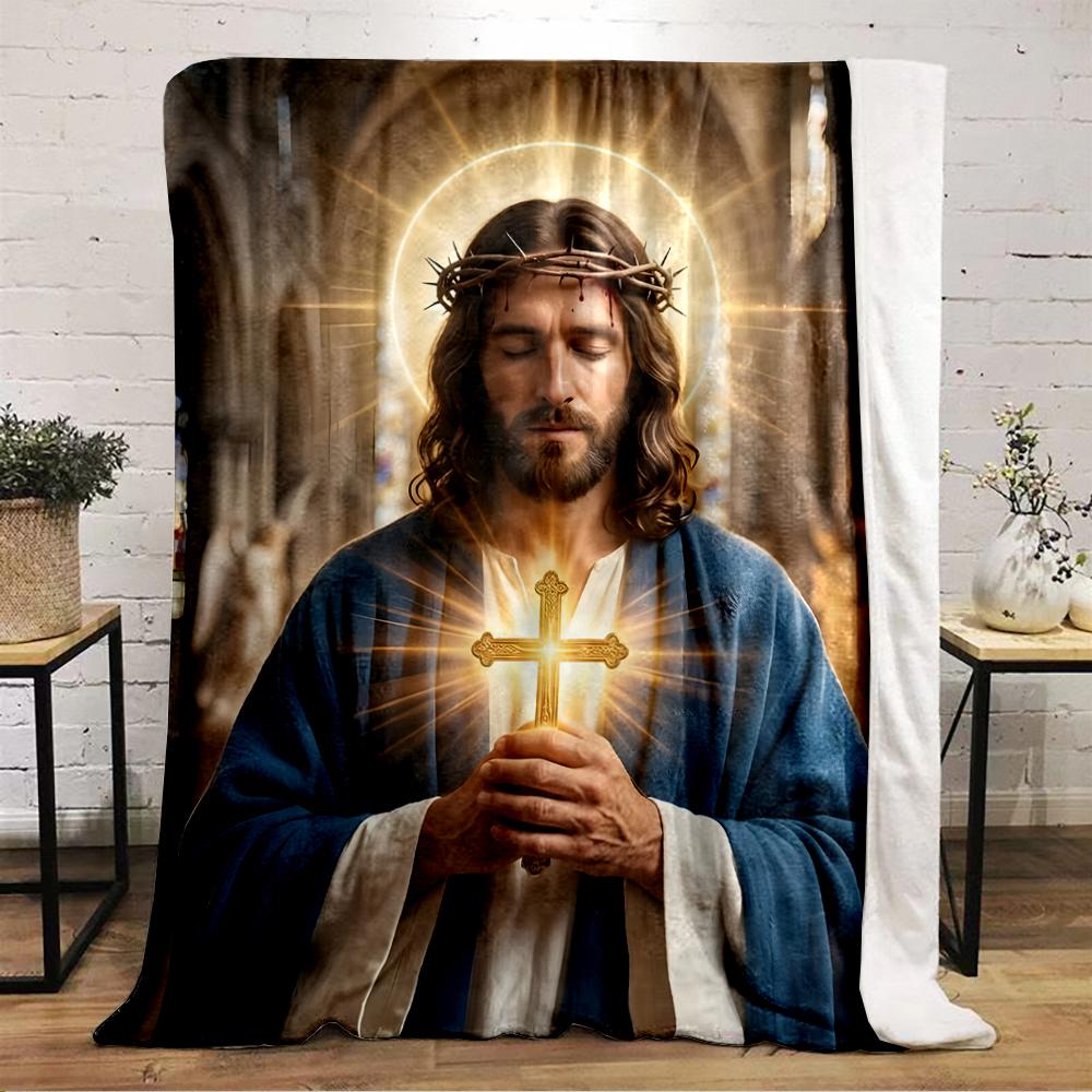 Sacred Figure with Glowing Cross DesignFlannel blanket for bedroom, living room, sofa, and nap
