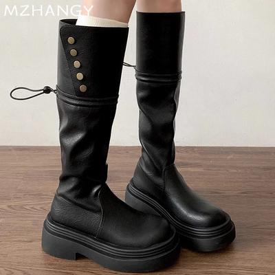 Женские высокие сапоги на платформе, кожаные туфли, зимняя мода, высокие сапоги до колена, женские зимние сапоги 2024 года, платье, женские сапоги Челси, ботинки