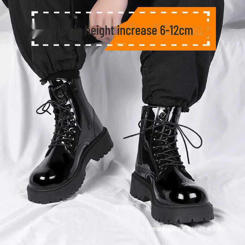 COS Men's Genuine Leather British Style Height-Boosting 10cm Motorcycle Martin Boots