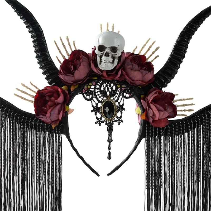 Dark Series Skull Antelope Horn Hairband With Skull Flower Design For Halloween Costume Party Dressingup Accessories