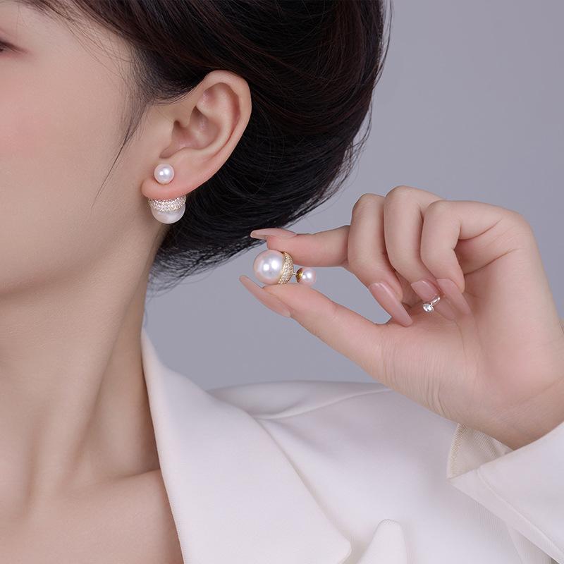 French Style Slightly Inlaid Zircon Front and Rear Wearing Pearl Earrings Light Luxury Temperament High-end Stud Earrings Simple Versatile Earrings