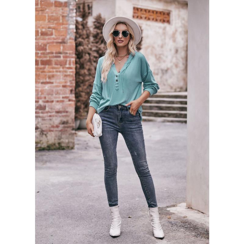 Весенне-осенняя женская толстовка с капюшоном, блузка, топ с длинными рукавами, повседневная свободная однотонная толстовка с капюшоном