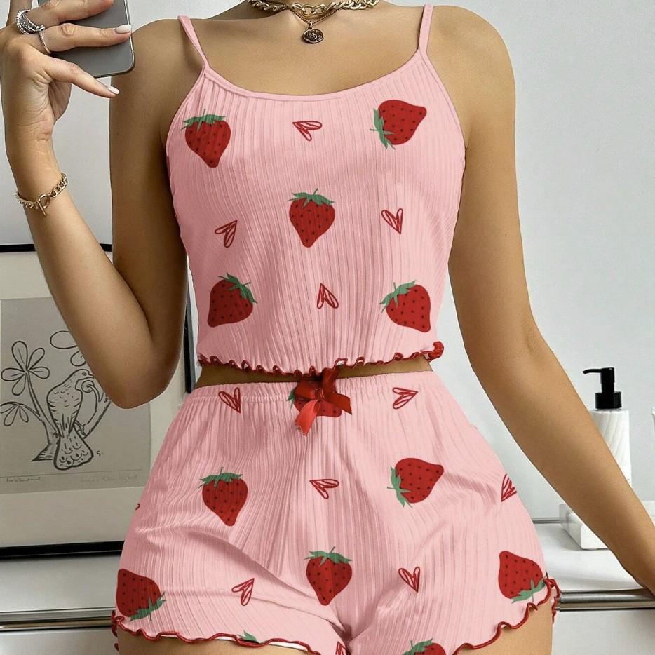 Strawberry Heart Print Women's Casual Camisole Shorts Set