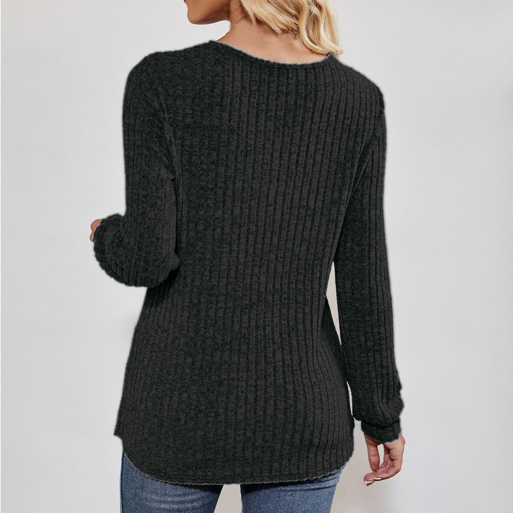 Женская мода однотонный длинный рукав V-образный вырез повседневный пуловер футболка топ