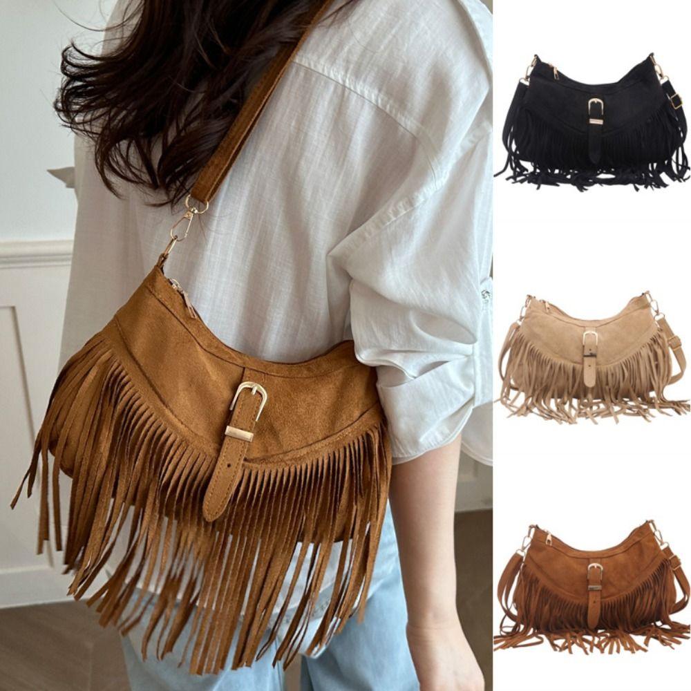 Bohemian Style Suede Shoulder Bag Retro Ethnic Style Handbag Fashion Tassel Crossbody Bag Travel