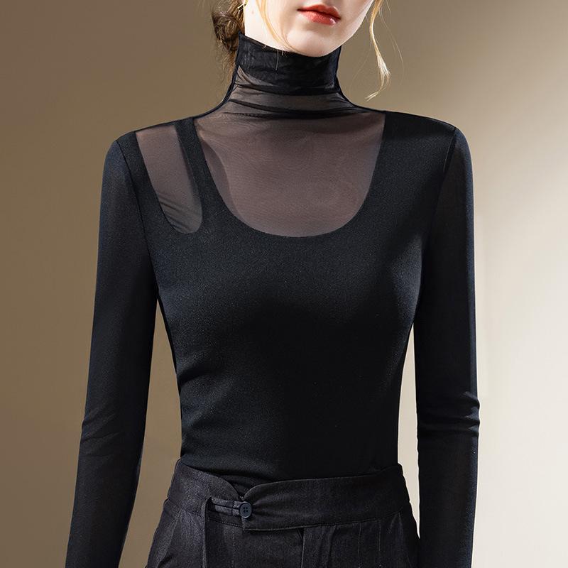 Women's Autumn and Winter High Neck Bottoming Sexy See-through Mesh Temperament Within The Waist Top