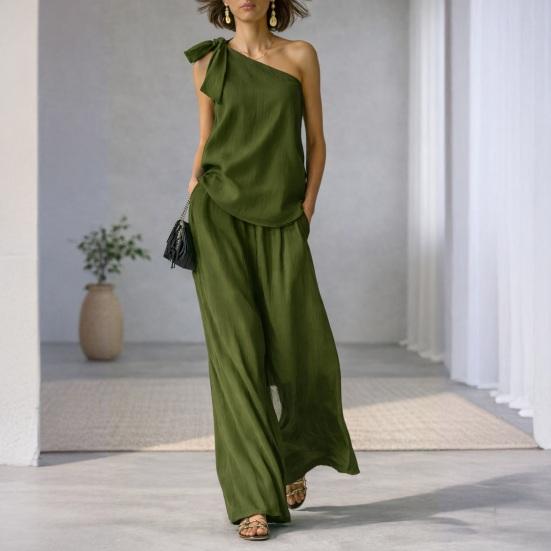 2 Piece Outfits for Women Summer One Shoulder Sleeveless Top And Wide Leg Pants Matching Lounge Set with