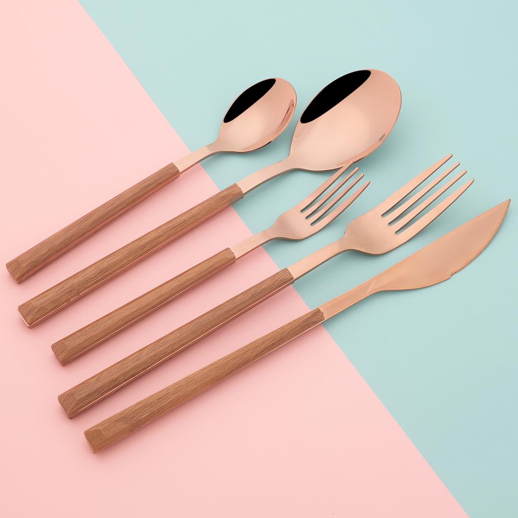 24Pcs Imitation Wooden Handle Cutlery Set Knife Dessert Fork Coffee Spoon Dinnerware Set Gold Kitchen Tableware Stainless Steel Flatware