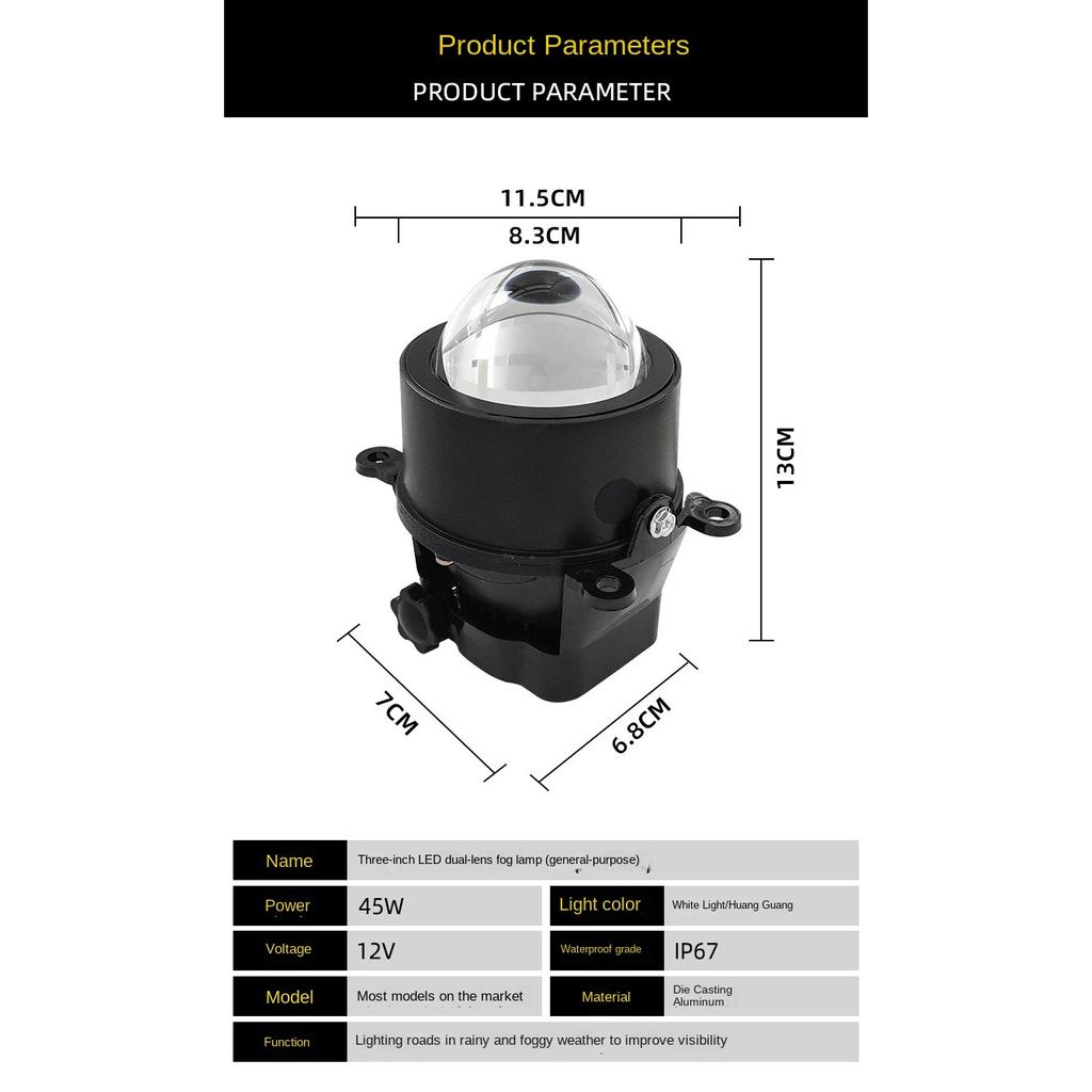 Car LED Fog Lamp Double Light Lens Fish Eye Lamp Super Bright Far and Near Integrated White Light Yellow Light Modified Anti-fog Lamp Universal