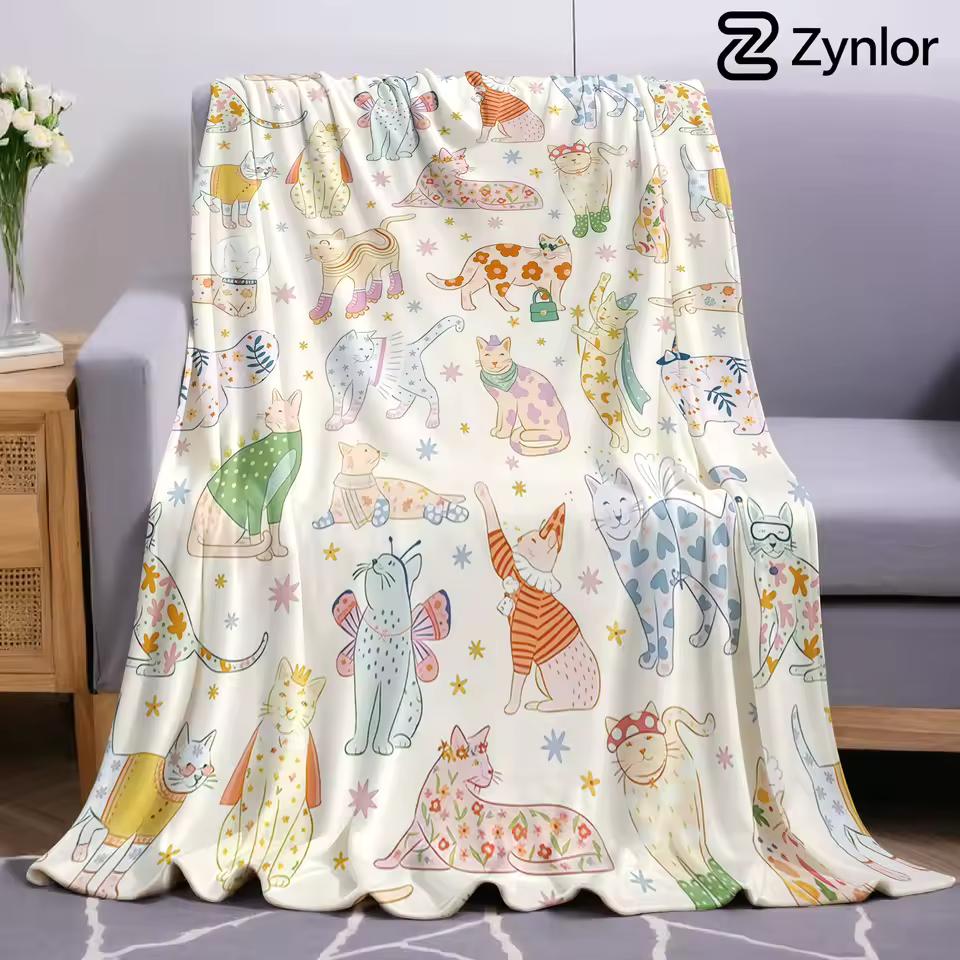 Cartoon Cat Tile Lightweight Microfiber Soft Christmas Fleece Blanket Warm Cozy Throw for Bed Sofa Office Travel All Season