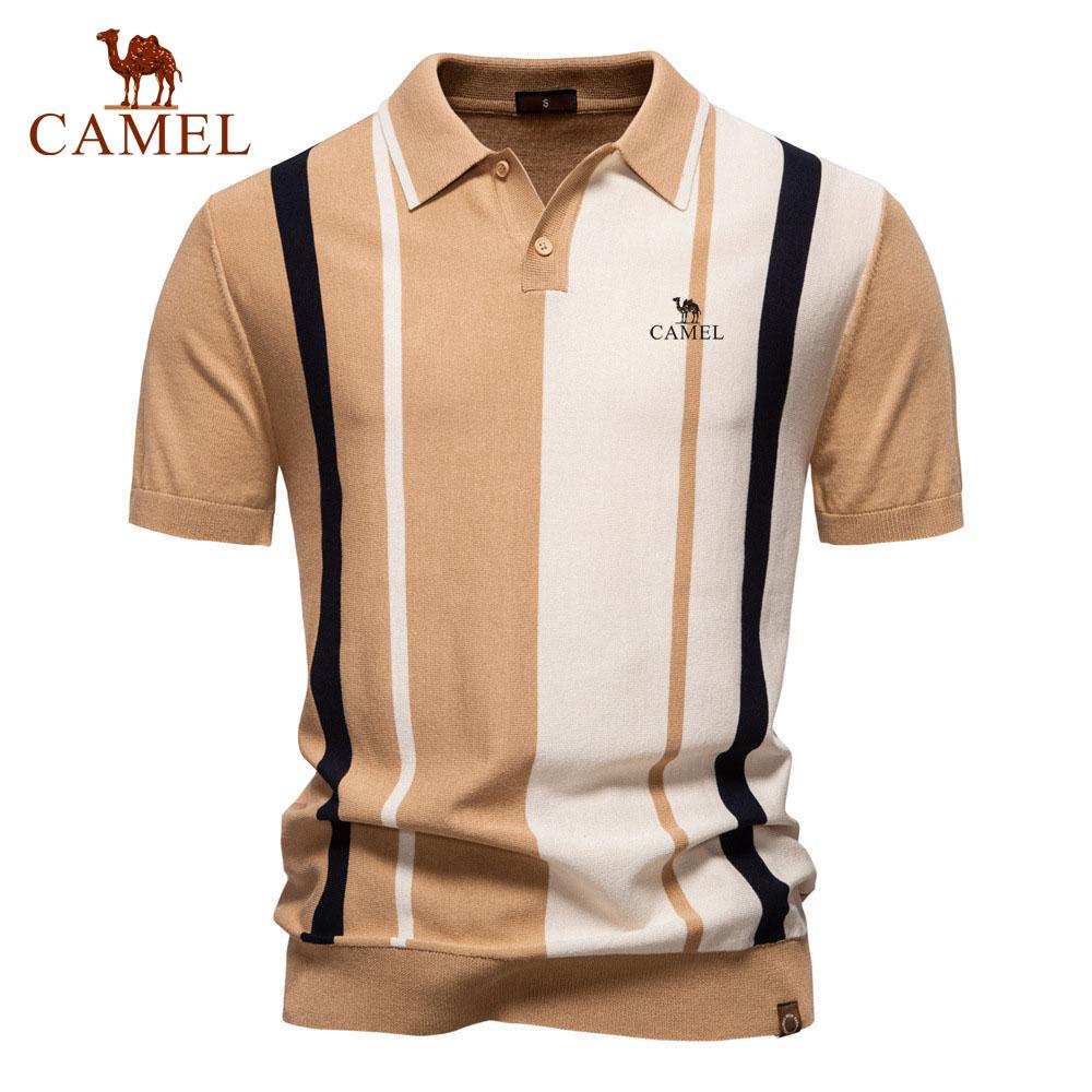 Camel 2025 Summer Embroidery New Men's Lapel Short Sleeved Knitted Polo Striped Patchwork Plus Size Short Sleeved Polo Shirt for Men