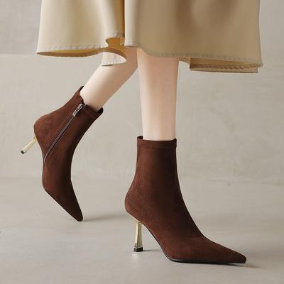 Мода 2024 Новые осенние женские ботинки Острый носок Обувь на высоком каблуке Женские лаконичные ботинки-стрейч на молнии для женщин Осенняя обувь