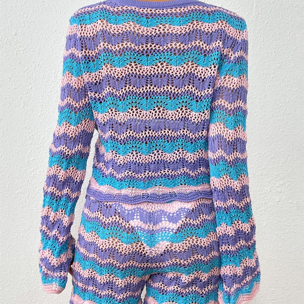 GMXIA Женская мода, повседневный полосатый принт, весенне-осенний свободный свитер с круглым вырезом и длинным рукавом, костюм из двух предметов