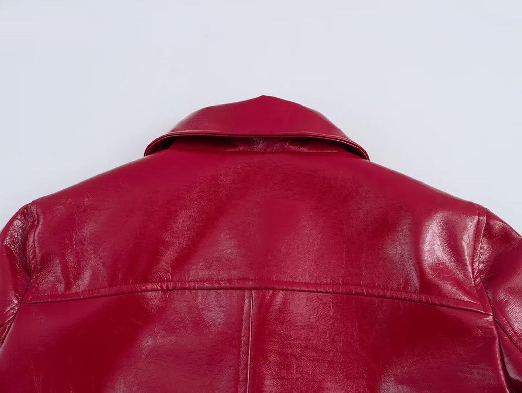 2025 Весенняя женская красная глянцевая кожаная куртка с лацканами – Европейский и американский стиль