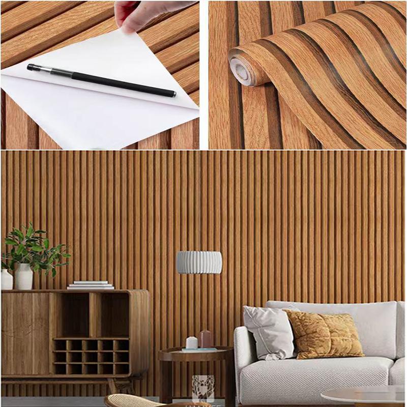 Wood Stripe Background Wall Self-adhesive Wallpaper Desk Cabinet Furniture Renovation PVC Waterproof Sticker