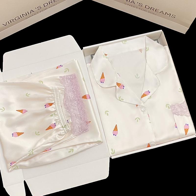 Spring Autumn New Ice Silk Soft Pajama Sets for Women Lace Lapel Cardigan Outfits for Women 2 Piece Set Sweet Pink Women Pajama