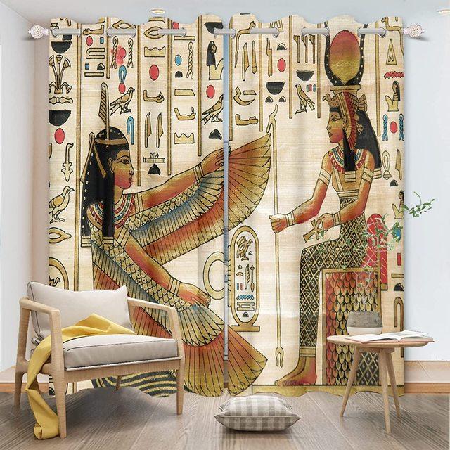 Египетские оконные шторы иероглифы на фресках в древнем египетском храме, затемненные занавески, винтажные шторы, домашний декор для спальни, 2 панели