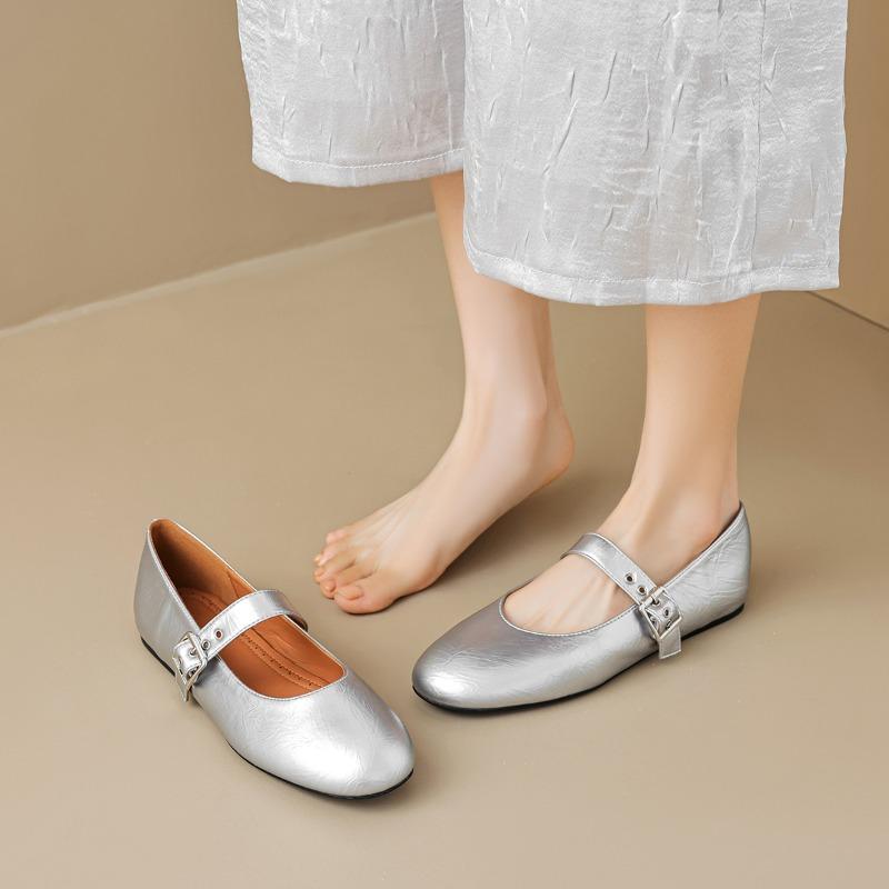 French Single Shoes Women's Flat Shallow One Strap Mary Jane Shoes Silver Soft Bottom Ballet Shoes