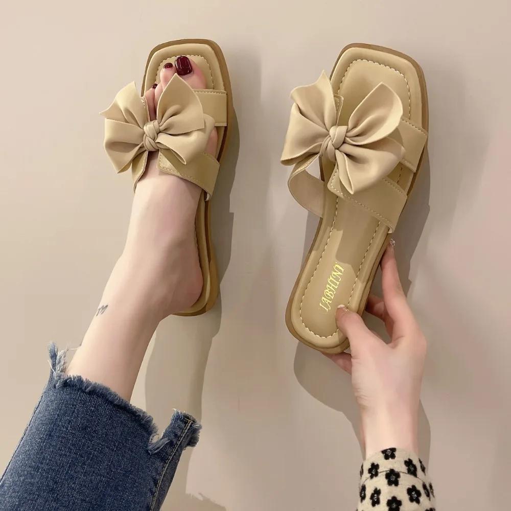 Женские летние туфли на плоской подошве в новом стиле для повседневной носки, модные и универсальные французские шлепанцы с бантом-бабочкой