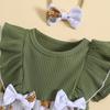 Infant Baby Girls Romper Dress Flower Embroidery Knit Rib Ruffles Crew Neck Jumpsuits Summer Bodysuits with Bow Headband