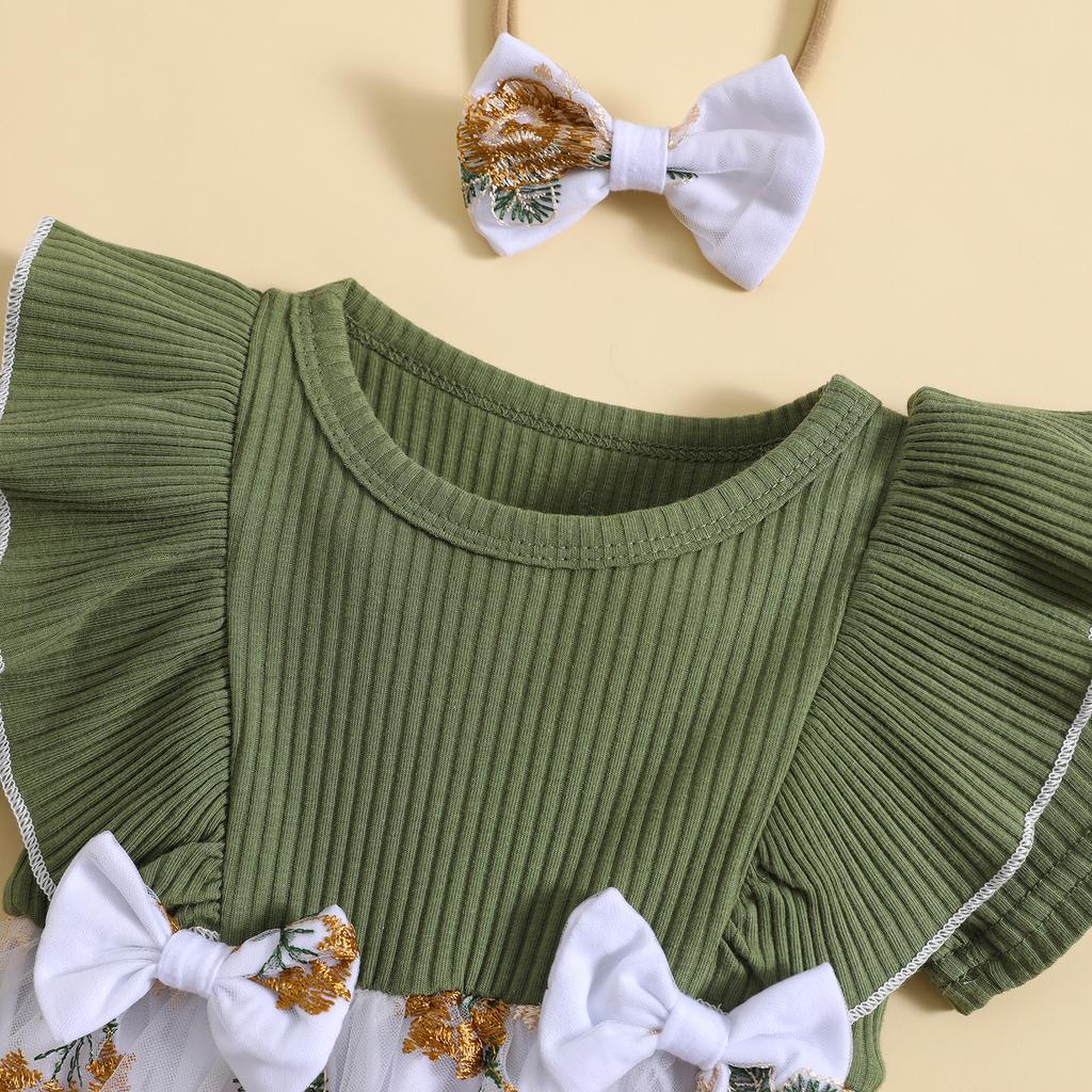 Infant Baby Girls Romper Dress Flower Embroidery Knit Rib Ruffles Crew Neck Jumpsuits Summer Bodysuits with Bow Headband