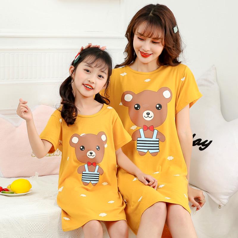 Girls' Summer Cartoon Short Sleeve Pajamas - Cute Parent-Child Cotton Nightdress