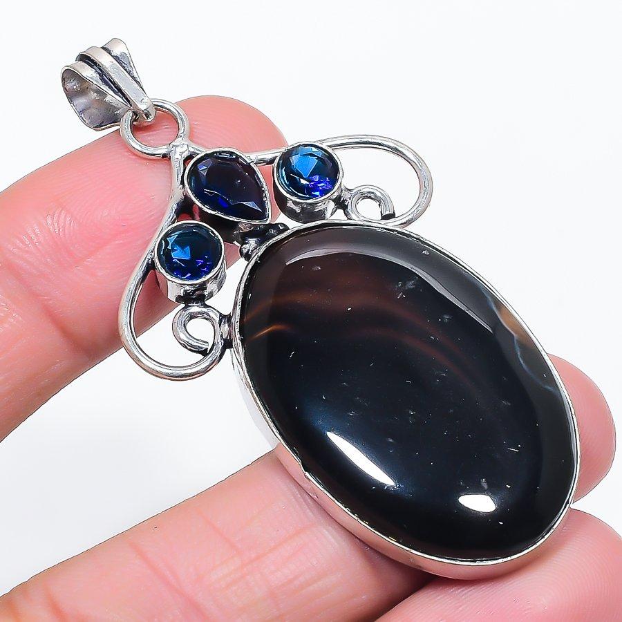Natural Banded Agate, Topaz 925 Sterling Silver Jewelry Pendant 2.64" Y5s82