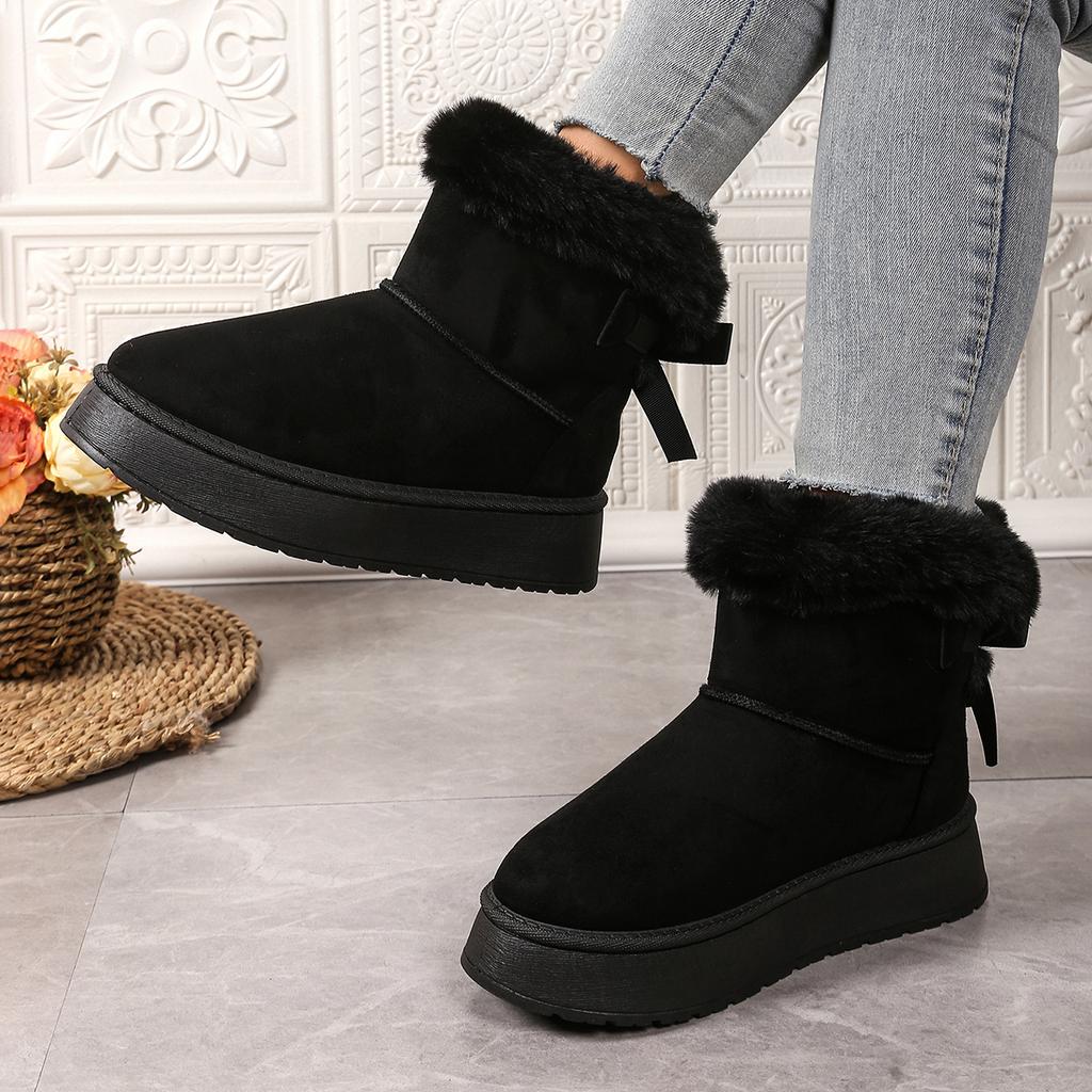 Fashion Women Boots Winter New Bow Plus Cotton Boots Casual All-match Thick Soled Mid-tube Snow Boots Fashion Retro Outdoor Women Shoes