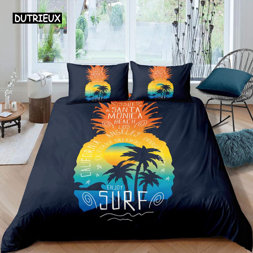 Комплект постельного белья с рисунком ананаса, размер King, желтый, геометрический, с рисунком ананаса, наволочка с принтом фруктов и морем