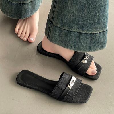 Французские летние нескользящие женские шлепанцы премиум-класса с квадратным носком и маленькой серебряной пряжкой, повседневные женские полушлепанцы