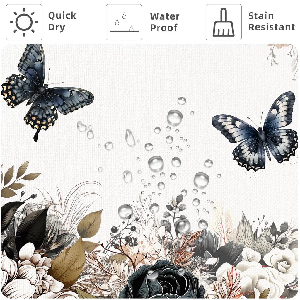 Черно-белая цветочная шторка для душа Цветочная бабочка Шторка для душа с крючками Темный цветок Лист Растение Ванная комната Шторка Водонепроницаемая Шторка для душа