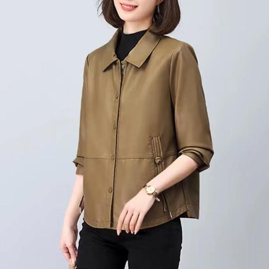 Women Jacket Faux Leather Smooth Surface Turn-down Collar Single-breasted Pockets Long Sleeves Retro Motorcycle Coat Plus Size Travel Outerwear