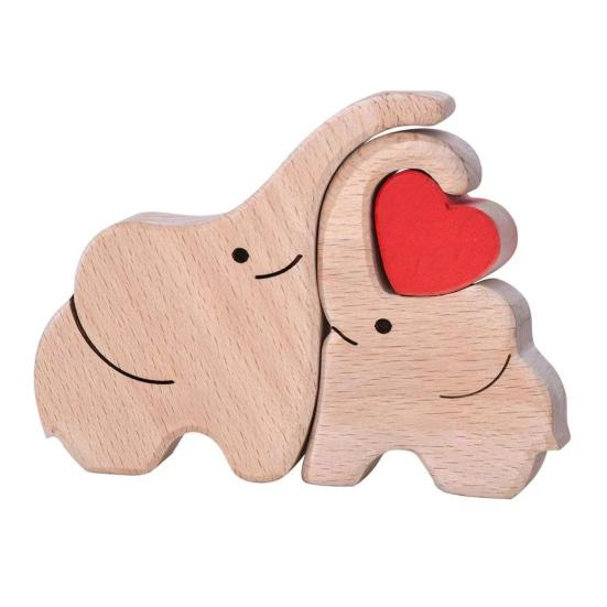 Wooden Elephant Family Puzzle Ornament Love Heart Mother Father Baby Elephant Jigsaw Table Sign Home Office Desktop Decoration