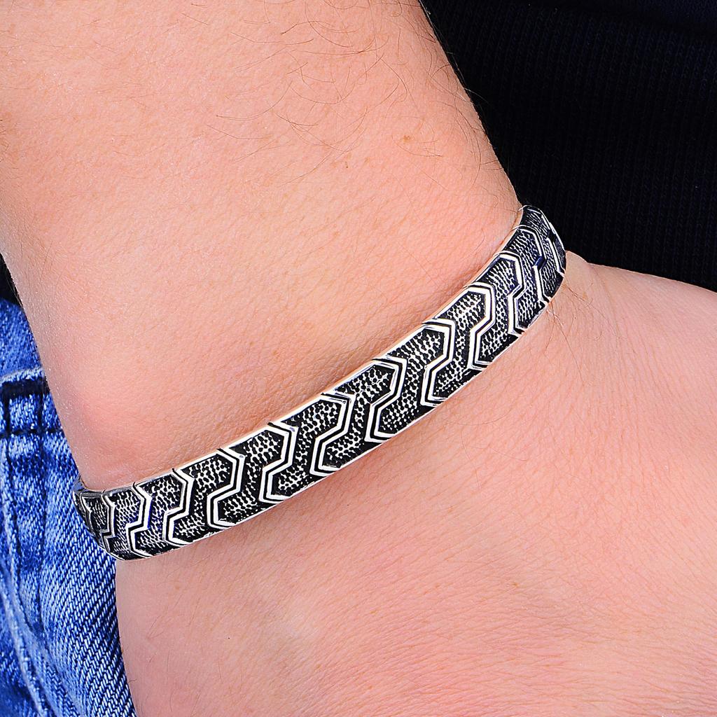 Мужской браслет-манжета из черного родиевого серебра, турецкий браслет ручной работы из стерлингового серебра 925 пробы, уникальный мужской аксессуар с вышивкой