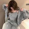 Women Spring Fall Casual Sweatpants Three Pieces Set  Solid Color Loose Zipper Hooded Sweatshirt Short Coat Tank  Pants Tops  Sport Suits