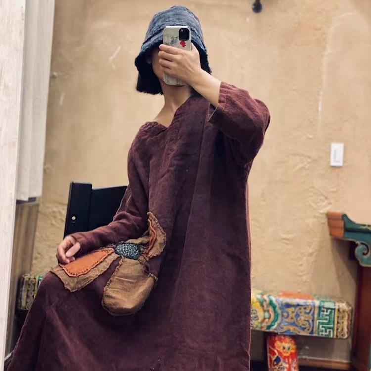 Винтажное красное свободное льняное платье с вышивкой в виде снежинок в стиле дзен (1998)