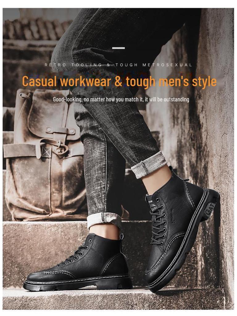 Men's 2024 Anti-Slip Soft Sole British Style Leather High-Top Boots, Work Boots, Martin Boots, Plus Velvet for Autumn and Winter.