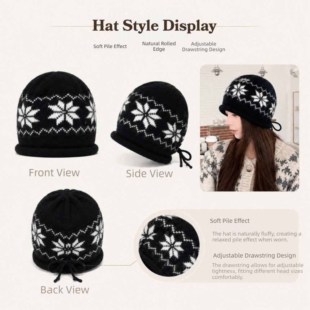 Drawstring Beanies Hat Snowflake Printed Winter Hat Fashion Knitted Hat Autumn