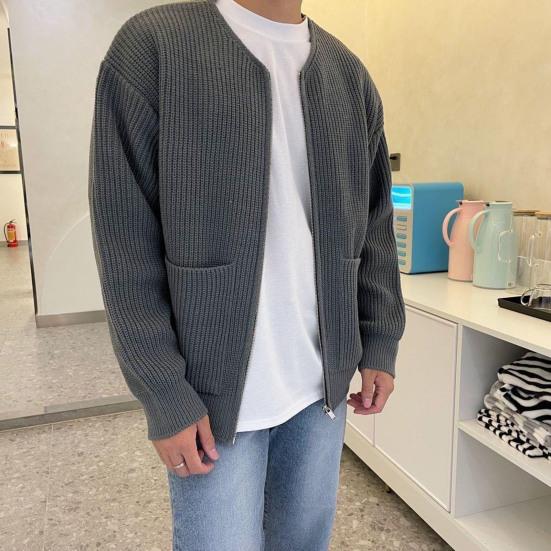 Men Cardigan Sweater Solid Color Full Zip Up Casual Sweater Warm Knitwear Jacket with 2 Front Pockets for Autumn And Winter