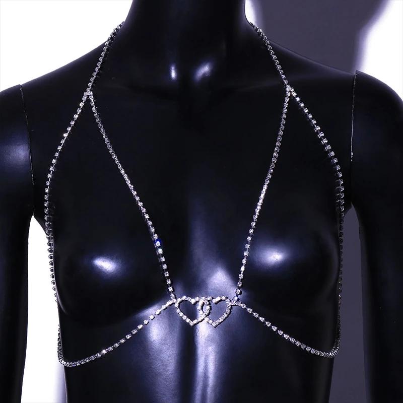 Stonefans Bohemian Fashion Double Heart Chest Chain Jewellery Rhinestone Bodies Women's Bra Sexy Cute Tube Top Underwear Gifts
