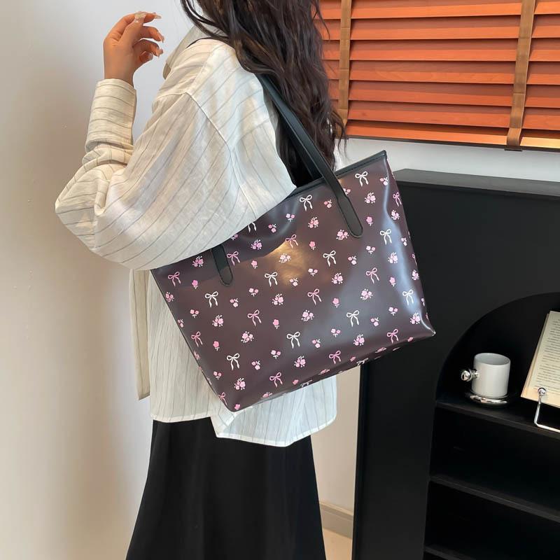 Sweet Cherry Printed Tote Bag For Women Large Capacity Street Style Pu Handbag