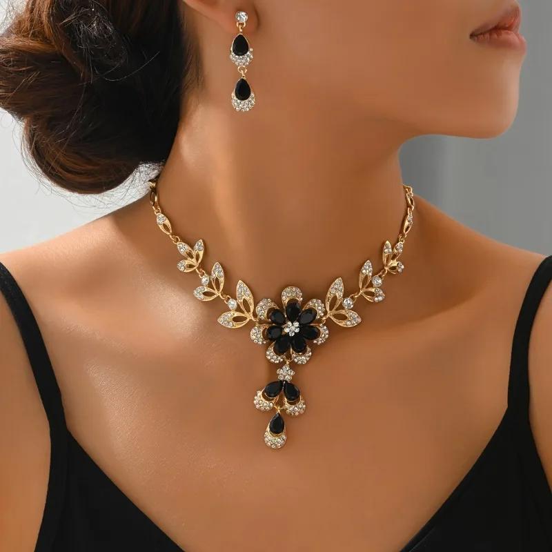 Мода Ретро Роскошный Цирконий Черный Капля Слезы Цветок Кисточка Ожерелье Серьги Набор Ювелирных Изделий Элегантные Женские Банкетные Аксессуары