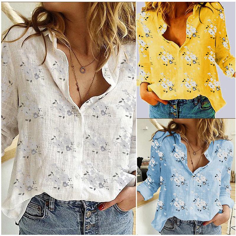Весенне-осенняя рубашка с цветочным принтом, повседневные свободные хлопковые льняные рубашки с длинными рукавами, женские топы больших размеров